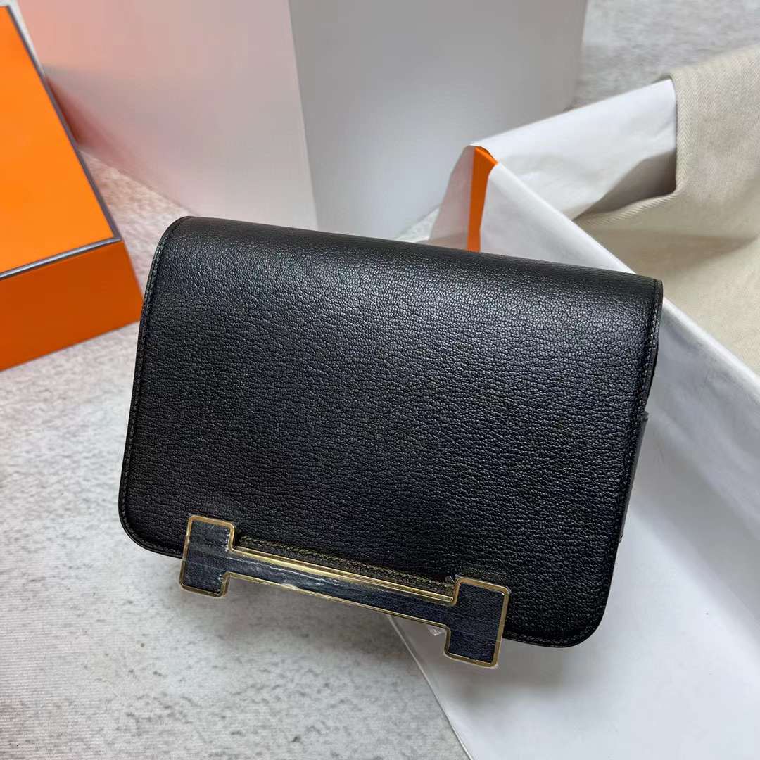 Hermès（爱马仕）Geta 木屐包 Chevre 进口山羊皮 Ck89 黑色 金扣 20cm 全手工蜡线缝制 Ghw