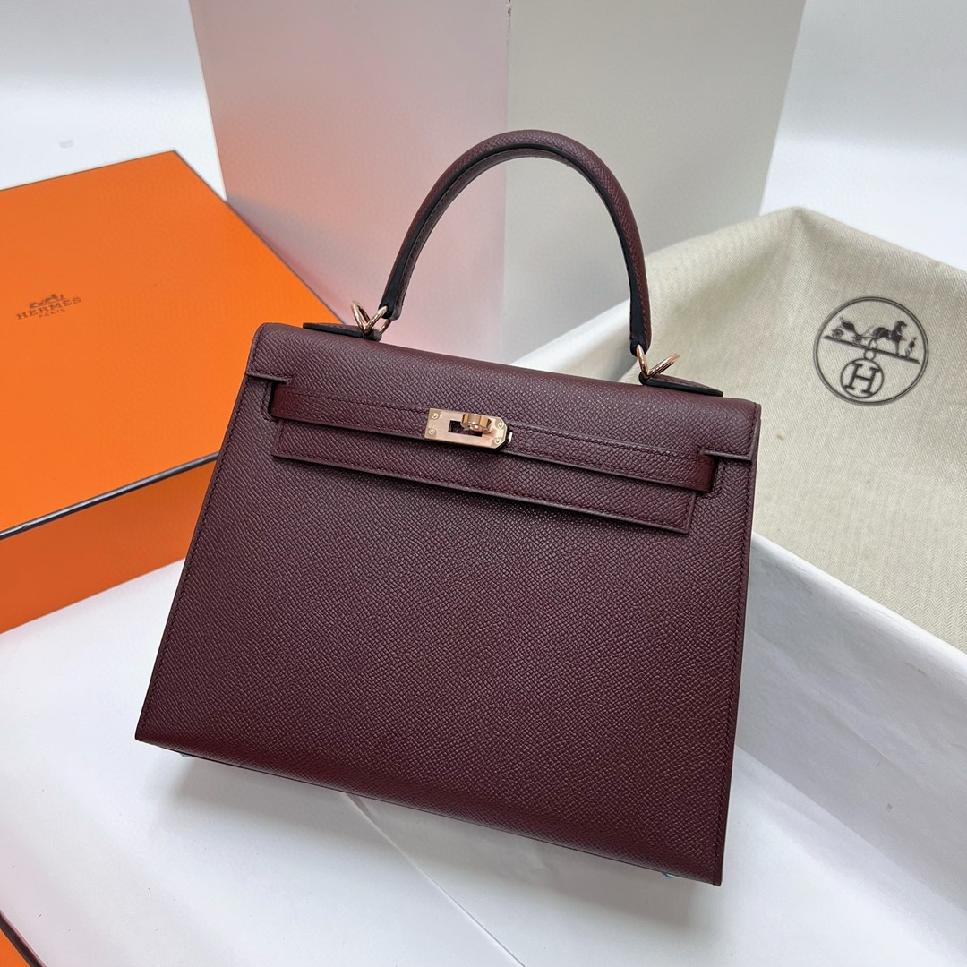 Hermès（爱马仕）Kelly 凯莉包 Epsom 掌纹皮 ck57 波尔多酒红 Bordeaux 玫瑰金扣 Rose gold 25cm 顶级手缝