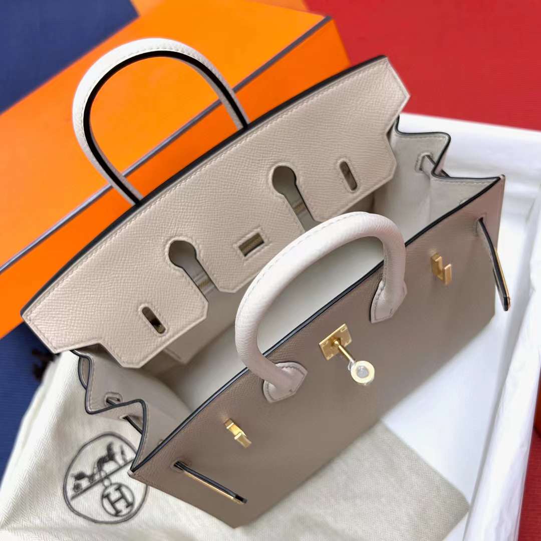 Hermès（爱马仕）Birkin 铂金包 Sellier Epsom S2 风衣灰 拼 ck10 奶昔白 拉丝金扣 25cm 全手工蜡线缝制 MPhw