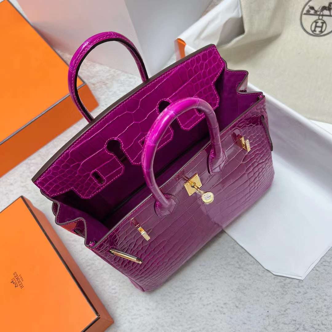 Hermès（爱马仕）Birkin 铂金包 亮面美洲鳄鱼皮 J5 天方夜谭粉紫 金扣 25cm 全手工蜡线缝制 Ghw