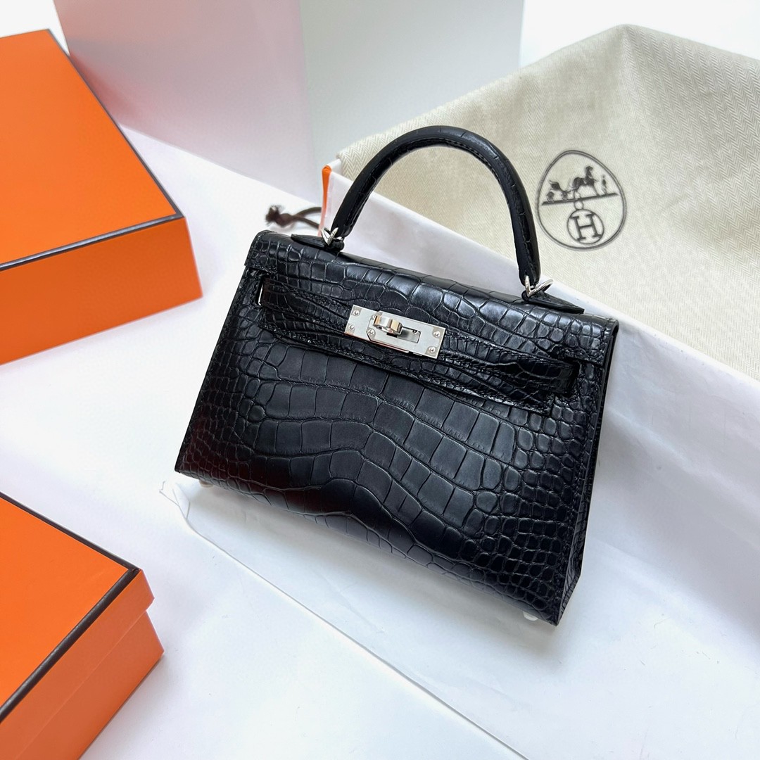 Hermès（爱马仕）Mini kelly ll alligator matte 雾面美洲鳄鱼皮 ck89 黑色 Noir 银扣 PHW 19cm 顶级手缝