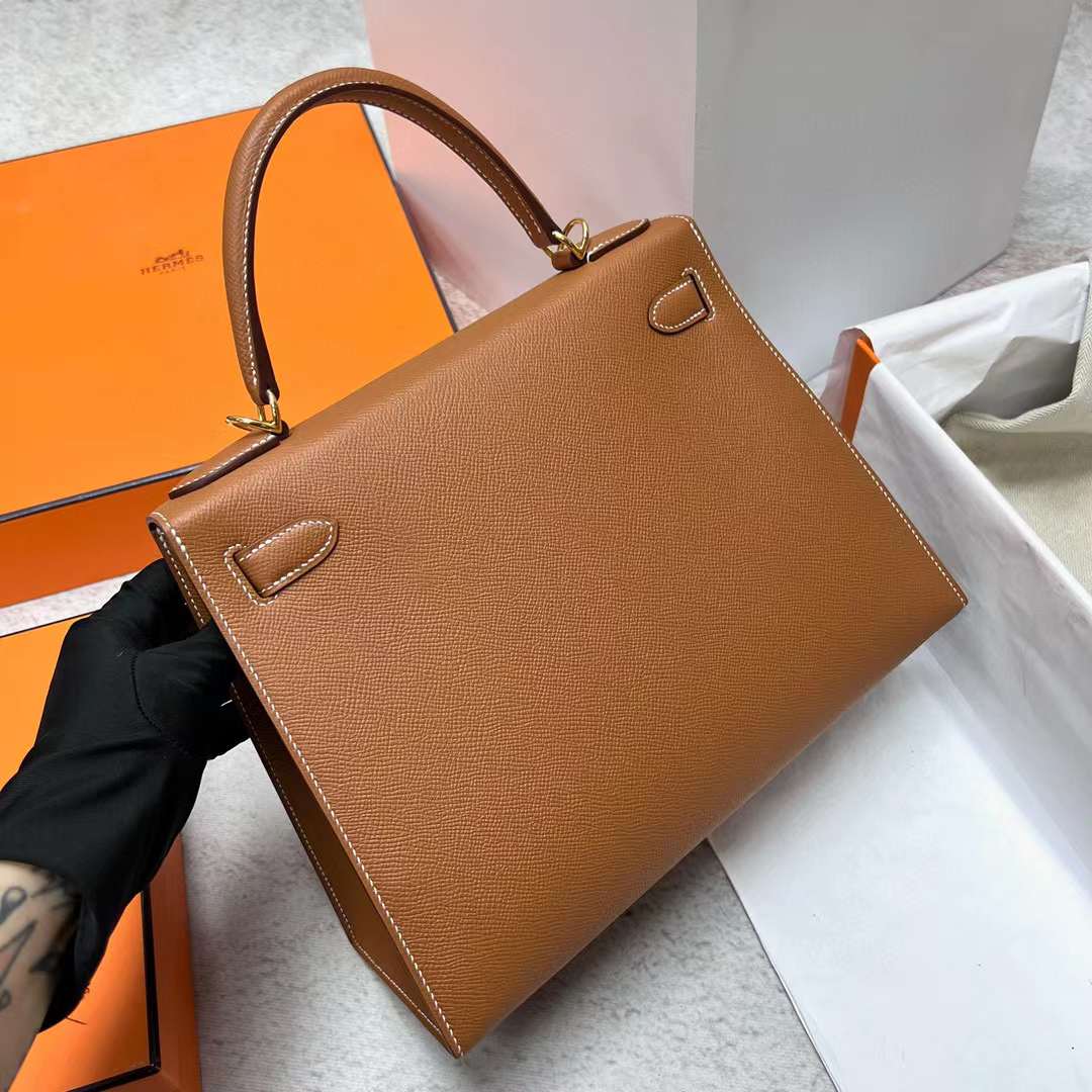 Hermès（爱马仕）Kelly 凯莉包 Epsom Ck37 金棕色 金扣 28cm 全手工蜡线缝制 Ghw