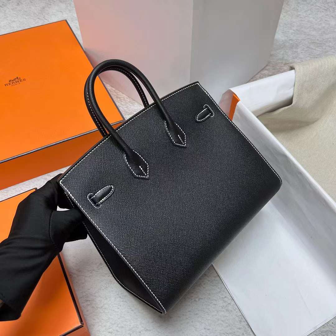 Hermès（爱马仕）Birkin 铂金包 Sellier Epsom Ck89 黑色 走白色线 银扣 25cm 全手工蜡线缝制 Phw