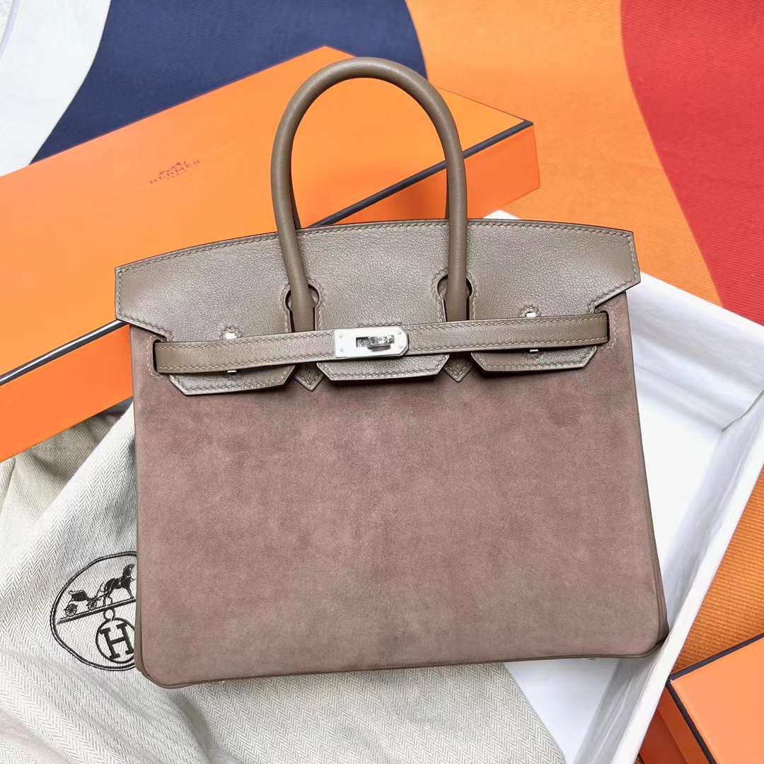 Hermès（爱马仕）Birkin 铂金包 Suede 拼 Swift Ck18 大象灰 银扣 25cm 全手工蜡线缝制 Phw