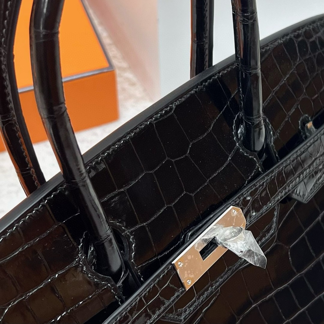Hermès（爱马仕）Birkin 铂金包 Porosus shiny 亮面鳄鱼皮 ck89 黑色 Noir 银扣 PHW 30cm 顶级手缝
