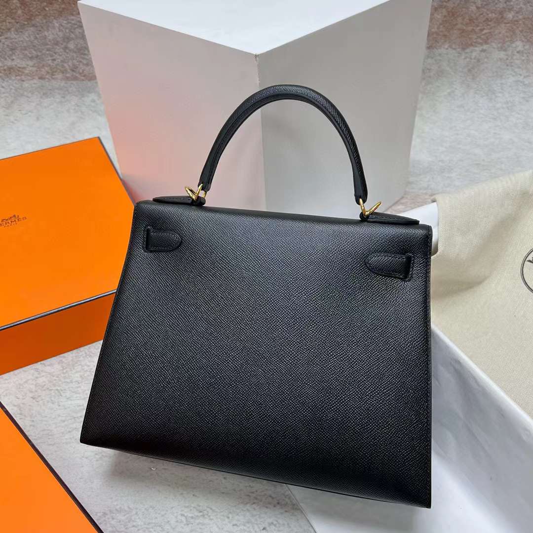 Hermès（爱马仕）Kelly 凯莉包 Epsom Ck89 黑色 金扣 28cm 全手工蜡线缝制 Ghw