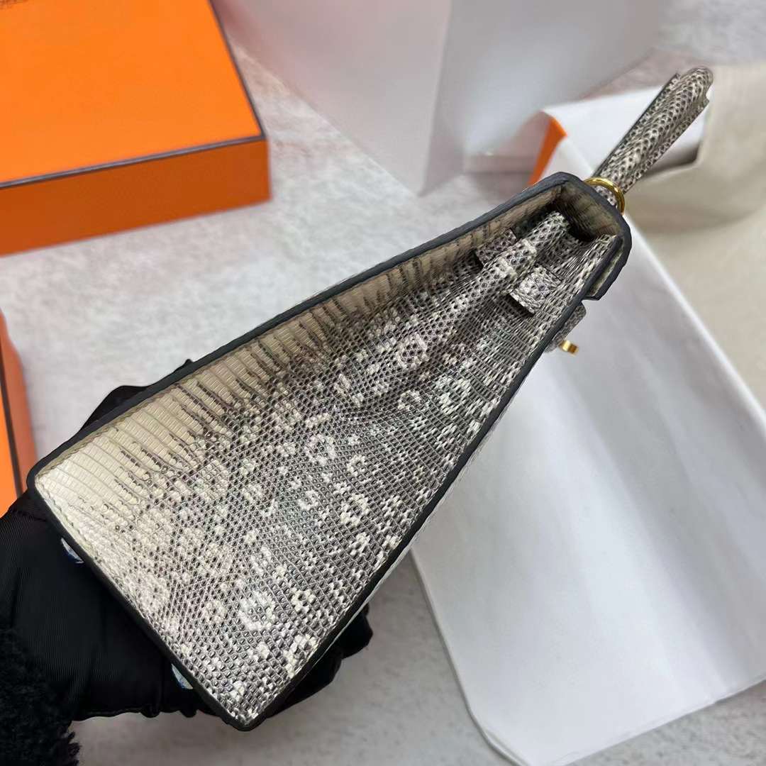 Hermès（爱马仕）Kelly 凯莉包 Lizard 进口蜥蜴皮 01 自然色 雪花色 金扣 25cm 全手工蜡线缝制 Phw