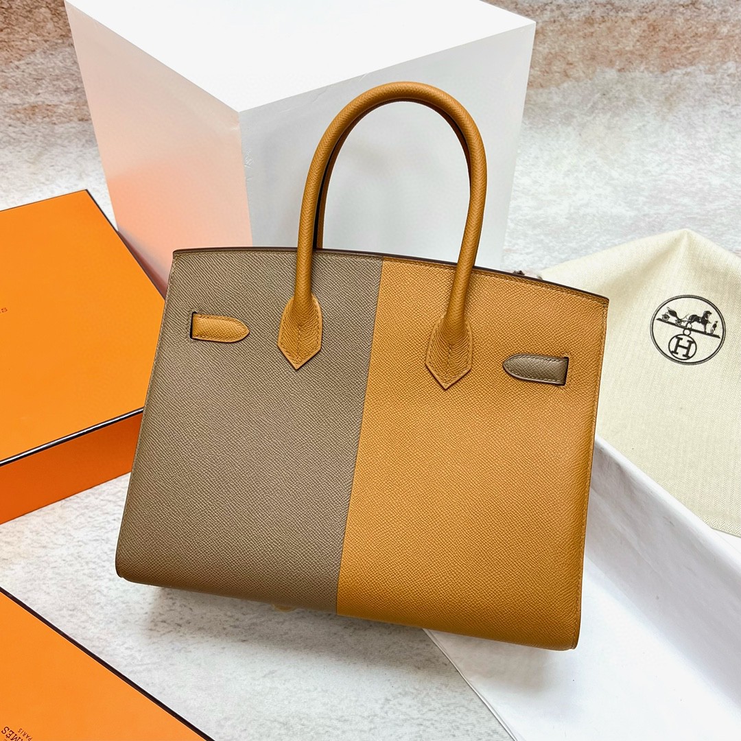Hermès（爱马仕）Birkin 铂金包 Epsom 原厂掌纹皮 芝麻色 拼 大象灰 银扣 Phw 30cm