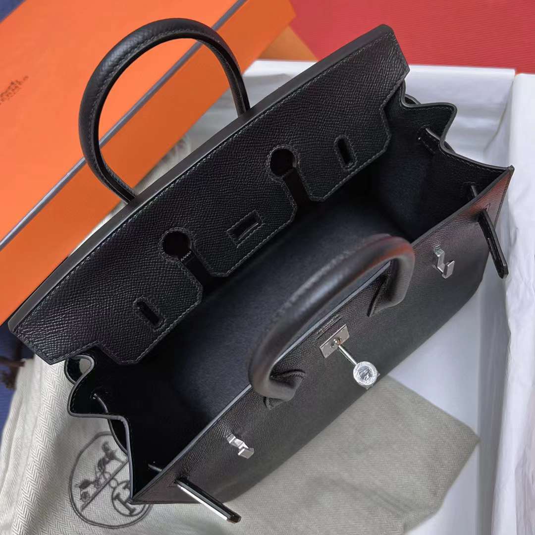 Hermès（爱马仕）Birkin 铂金包 Sellier Epsom Ck89 黑色 银扣 25cm 全手工蜡线缝制 Phw