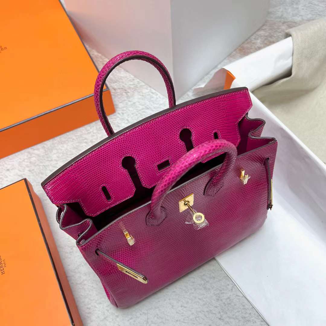 Hermès（爱马仕）Birkin 铂金包 Lizard 进口蜥蜴皮 L3 玫瑰紫 金扣 25cm 全手工蜡线缝制 Ghw