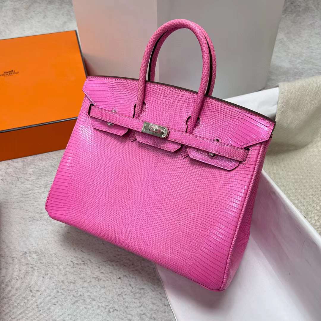 Hermès（爱马仕）Birkin 铂金包 Lizard 进口蜥蜴皮 芭比粉 银扣 25cm 全手工蜡线缝制 Phw