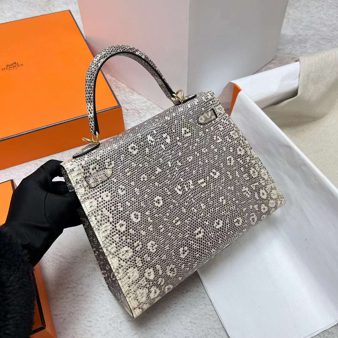 Hermès（爱马仕）Kelly 凯莉包 Lizard 进口蜥蜴皮 01 自然色 雪花色 金扣 25cm 全手工蜡线缝制 Phw