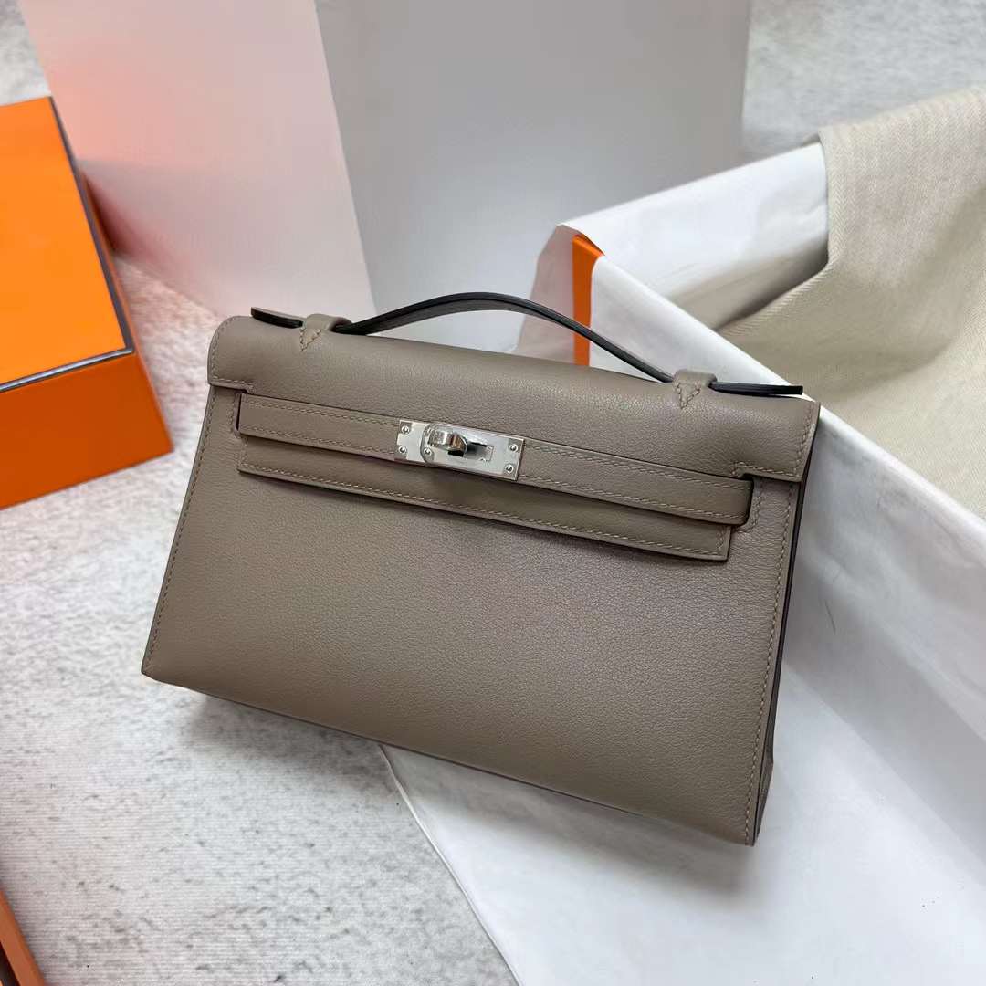 Hermès（爱马仕）Mini Kelly Pochette Swift M8 沥青灰 银扣 22cm 全手工蜡线缝制 Phw