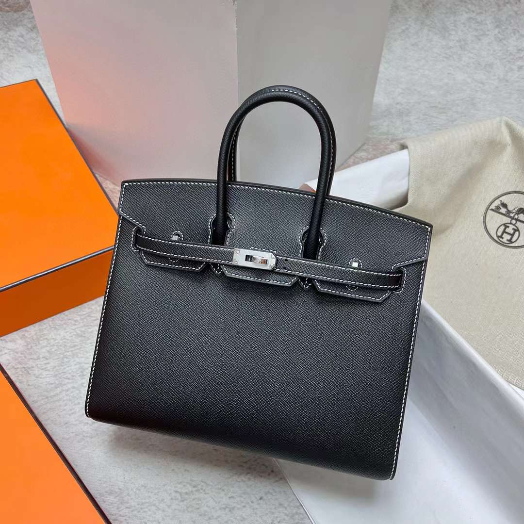Hermès（爱马仕）Birkin 铂金包 Sellier Epsom Ck89 黑色 走白色线 银扣 25cm 全手工蜡线缝制 Phw