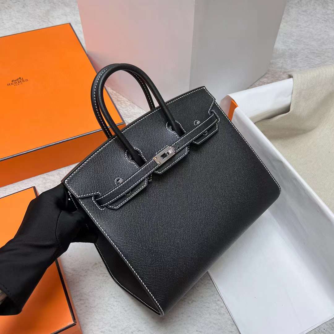 Hermès（爱马仕）Birkin 铂金包 Sellier Epsom Ck89 黑色 走白色线 银扣 25cm 全手工蜡线缝制 Phw