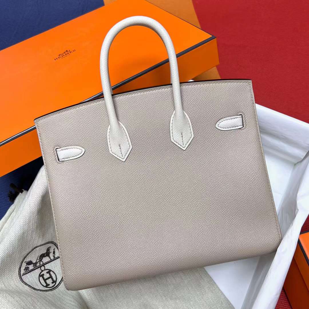 Hermès（爱马仕）Birkin 铂金包 Sellier Epsom S2 风衣灰 拼 ck10 奶昔白 拉丝金扣 25cm 全手工蜡线缝制 MPhw