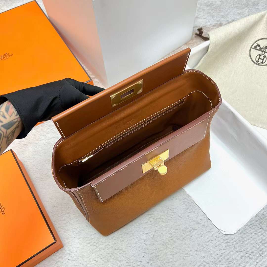 Hermès（爱马仕）Kelly 2424 Barenia 颗粒马鞍皮 拼 平纹马鞍皮 34 金棕色 金扣 29cm 全手工蜡线缝制 Ghw