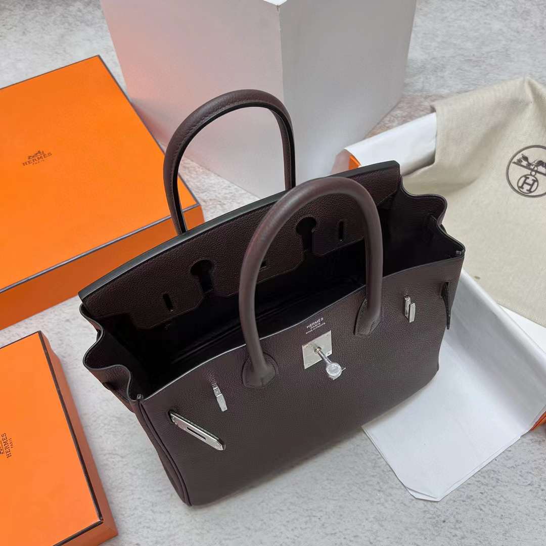 Hermès（爱马仕）Birkin 铂金包 Togo Ck46 乌木色 银扣 30cm 全手工蜡线缝制 Phw