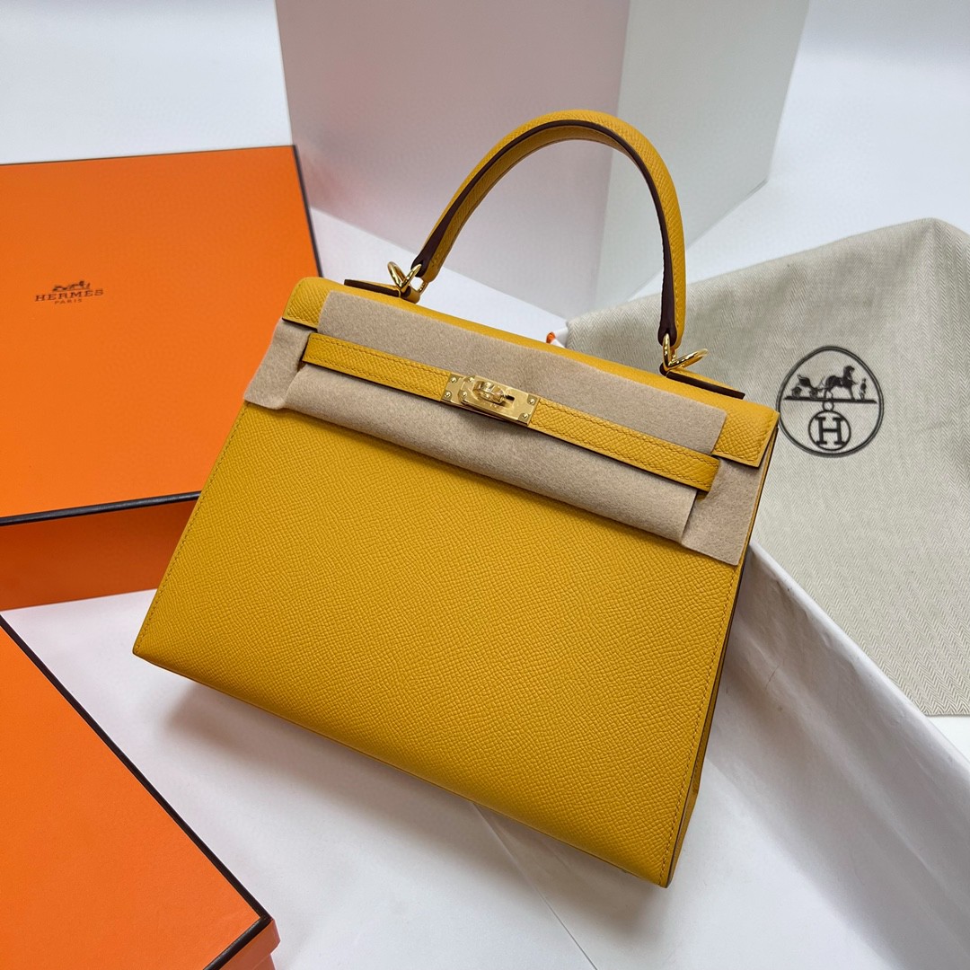 Hermès（爱马仕）Kelly 凯莉包 Epsom 原厂掌纹皮 9D 琥珀黄 Ambre 金扣 GHW 25cm 顶级手缝
