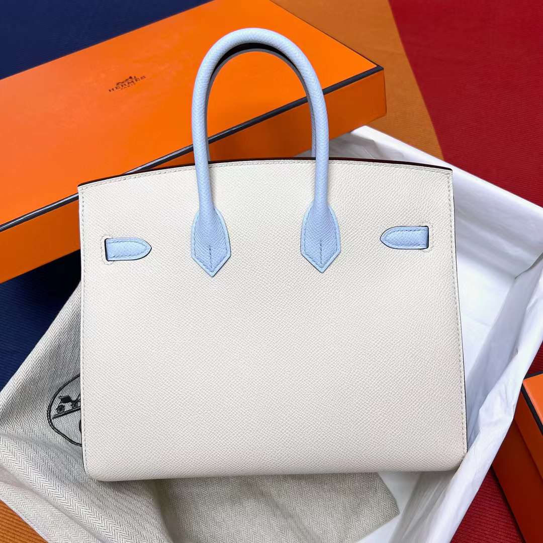 Hermès（爱马仕）Birkin 铂金包 Sellier Epsom I2 奶油白 拼 T0 雾蓝色 银扣 25cm 全手工蜡线缝制 Phw