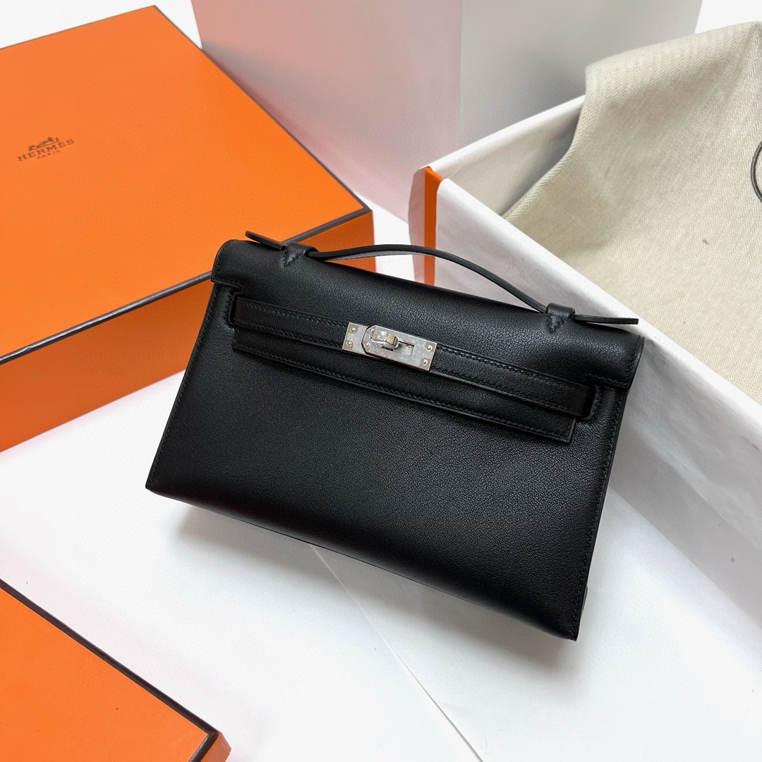 Hermès（爱马仕）Mini Kelly pochette Swift ck89 黑色 Noir 银扣 PHW 22cm 顶级手缝