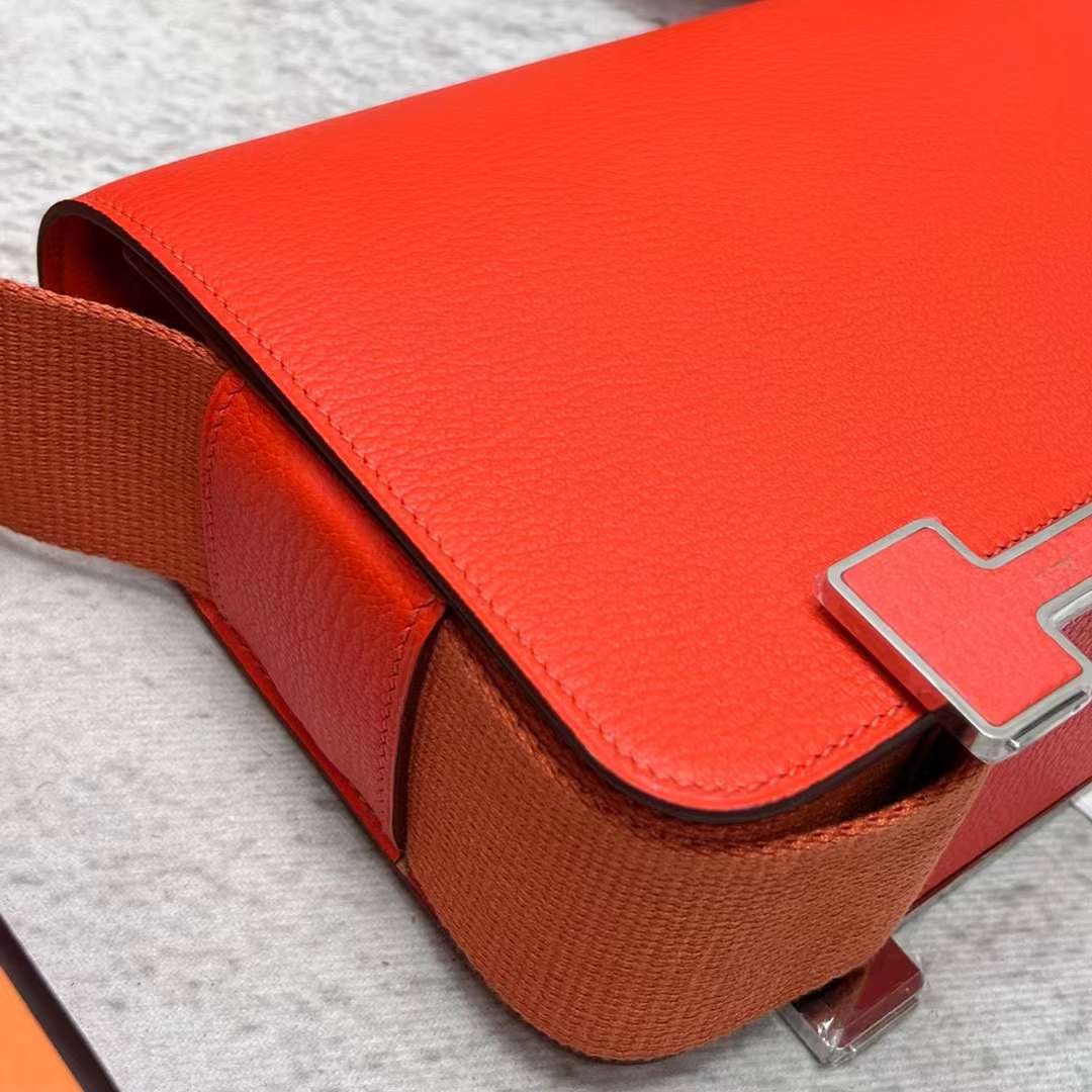 Hermès（爱马仕）Geta 木屐包 Chevre 进口山羊皮 J9 火焰橙 银扣 20cm 全手工蜡线缝制 Phw
