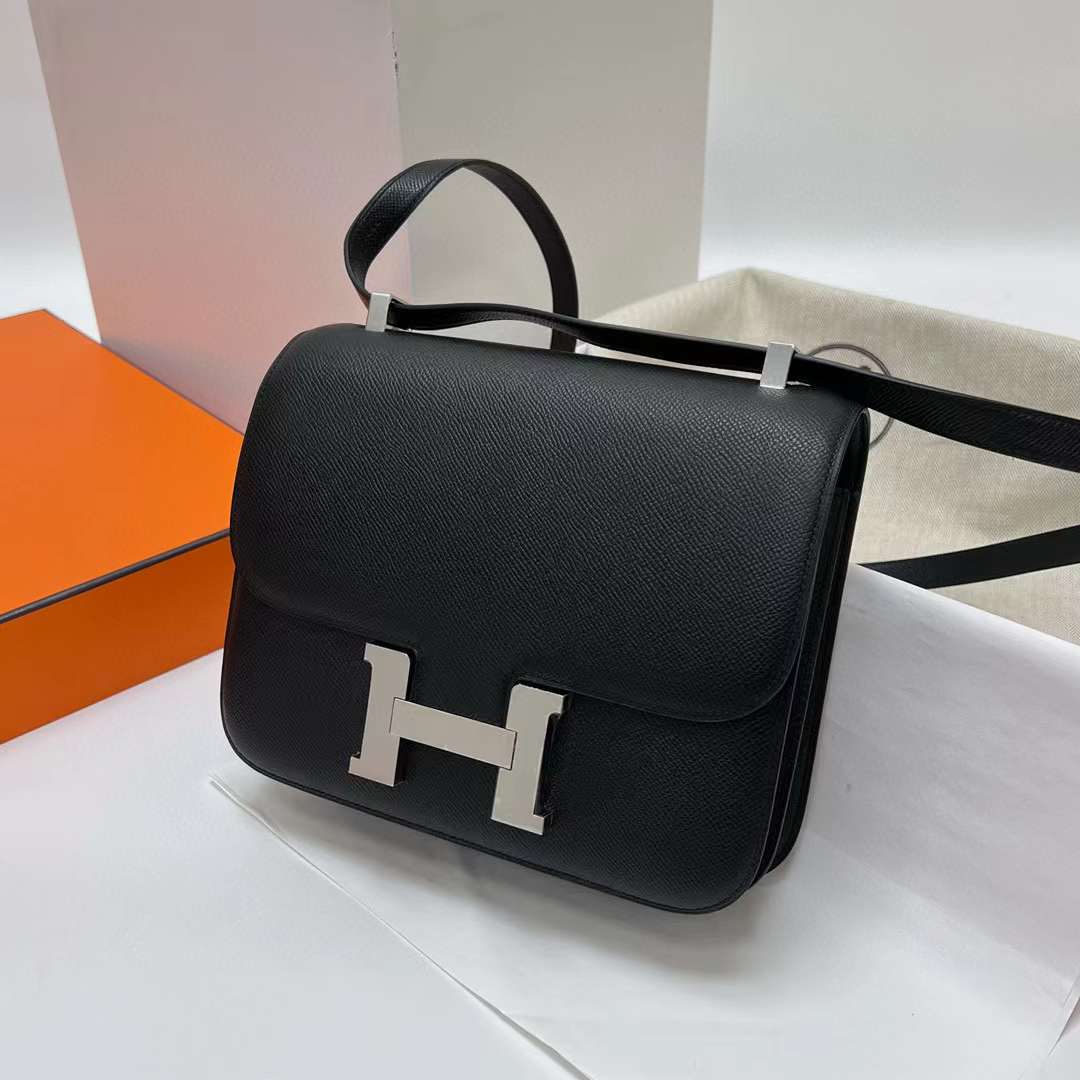 Hermès（爱马仕）Constance 空姐包 Epsom Ck89 黑色 银扣 24cm 全手工蜡线缝制 Phw