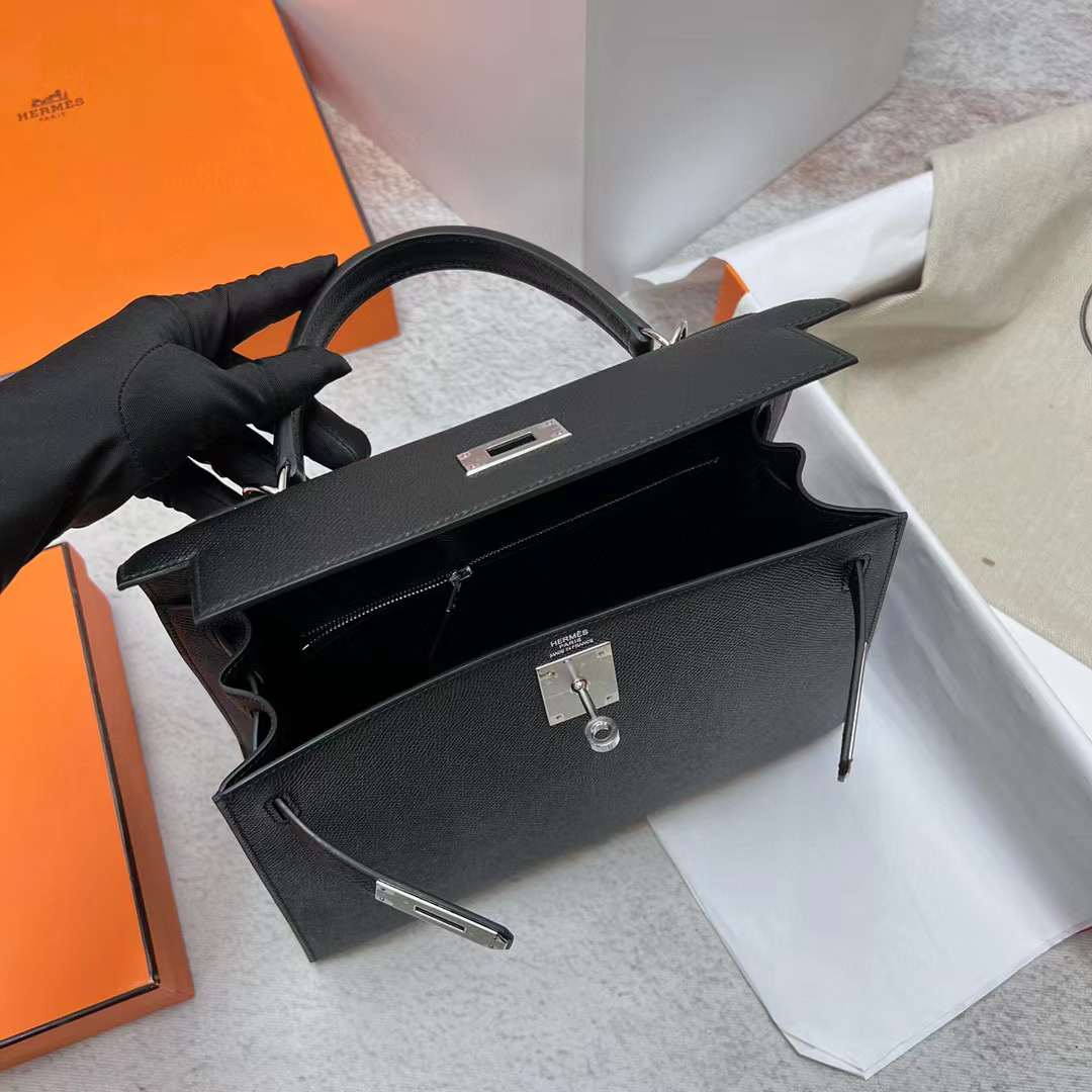 Hermès（爱马仕）Kelly 凯莉包 Epsom Ck89 黑色 银扣 28cm 全手工蜡线缝制 Ghw