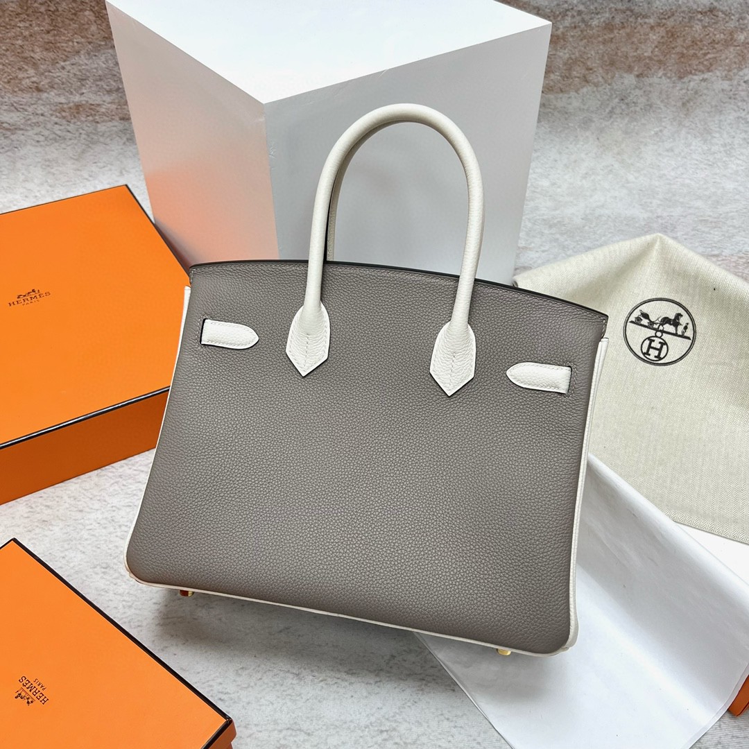 Hermès（爱马仕）Birkin 铂金包 togo 小牛皮 沥青灰 拼 奶油白 金扣 GHW 马蹄印 30cm 顶级手缝