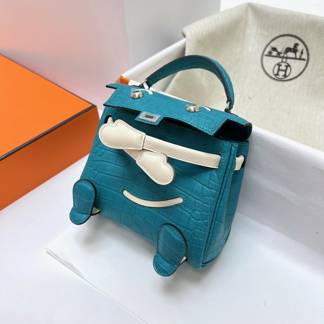 Hermès（爱马仕）Kelly doll Swift 拼 Alligator matt 雾面鳄鱼皮 孔雀蓝 blue paon 拼 奶油白 银扣 Phw 16cm 顶级手缝