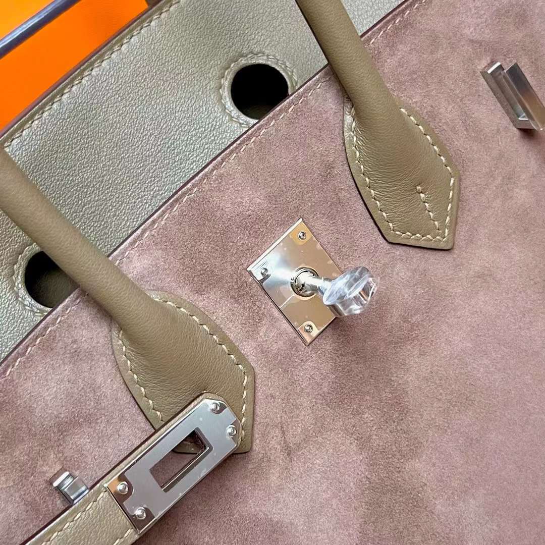 Hermès（爱马仕）Birkin 铂金包 Suede 拼 Swift Ck18 大象灰 银扣 25cm 全手工蜡线缝制 Phw