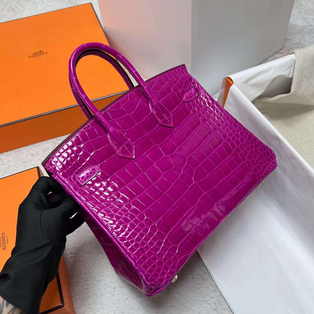 Hermès（爱马仕）Birkin 铂金包 亮面美洲鳄鱼皮 J5 天方夜谭粉紫 金扣 25cm 全手工蜡线缝制 Ghw