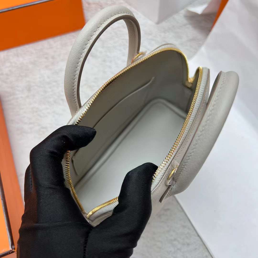 Hermès（爱马仕）Mini Bolide 迷你保龄球包 Evercolor Ck80 珍珠灰 金扣 19cm 全手工蜡线缝制 Ghw