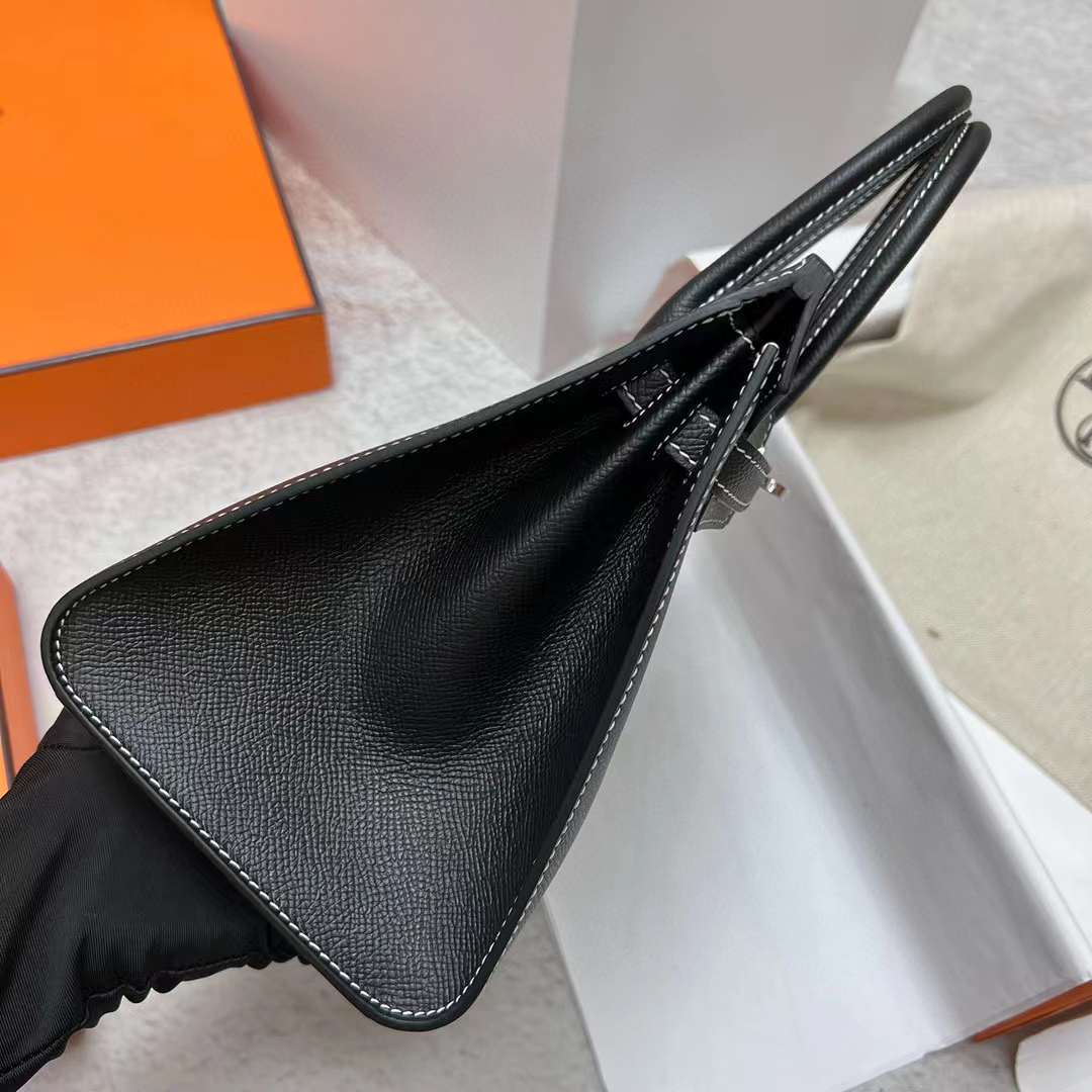 Hermès（爱马仕）Birkin 铂金包 Sellier Epsom Ck89 黑色 走白色线 银扣 25cm 全手工蜡线缝制 Phw