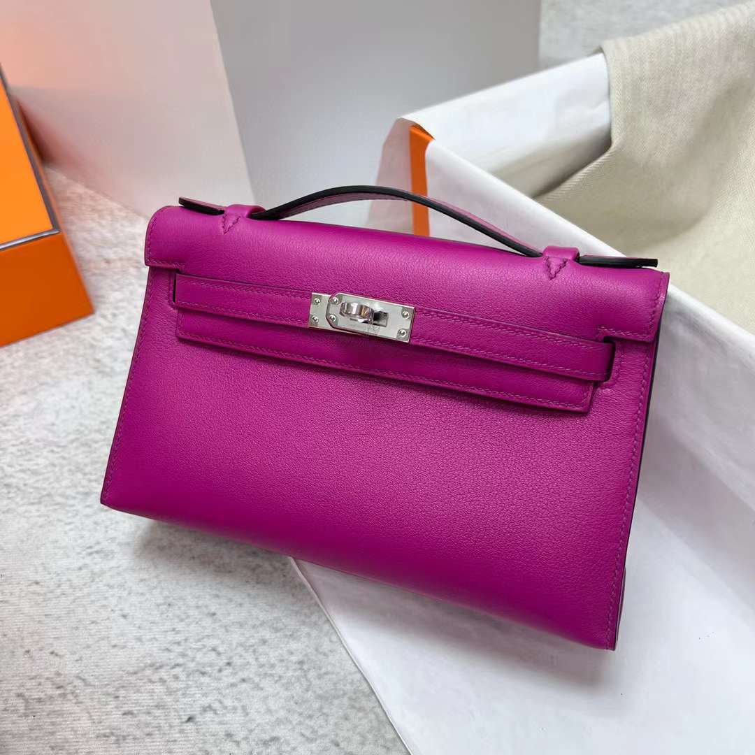 Hermès（爱马仕）Mini Kelly Pochette Swift L3 玫瑰紫 银扣 22cm 全手工蜡线缝制 Phw