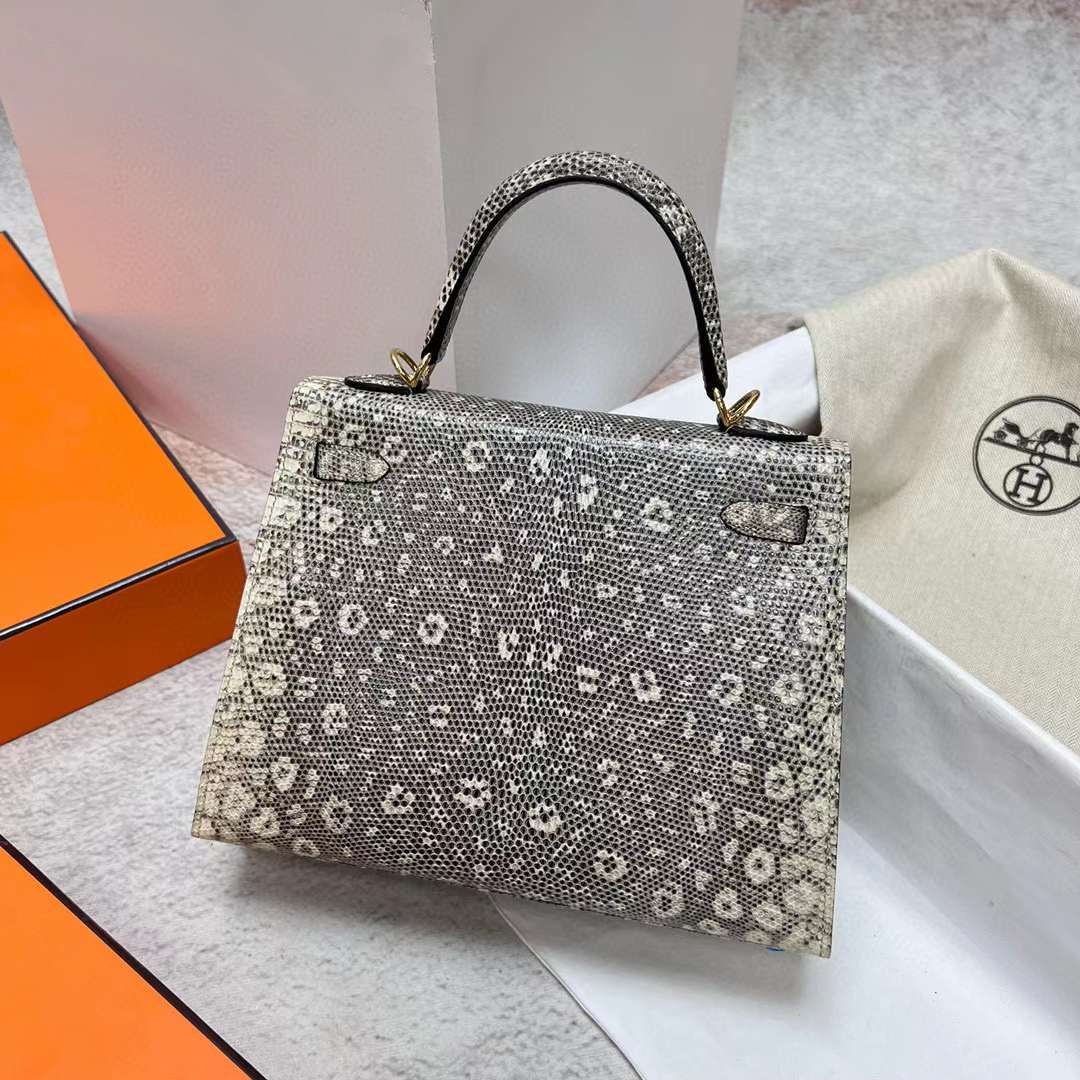 Hermès（爱马仕）Kelly 凯莉包 Lizard 进口蜥蜴皮 01 自然色 雪花色 金扣 25cm 全手工蜡线缝制 Phw