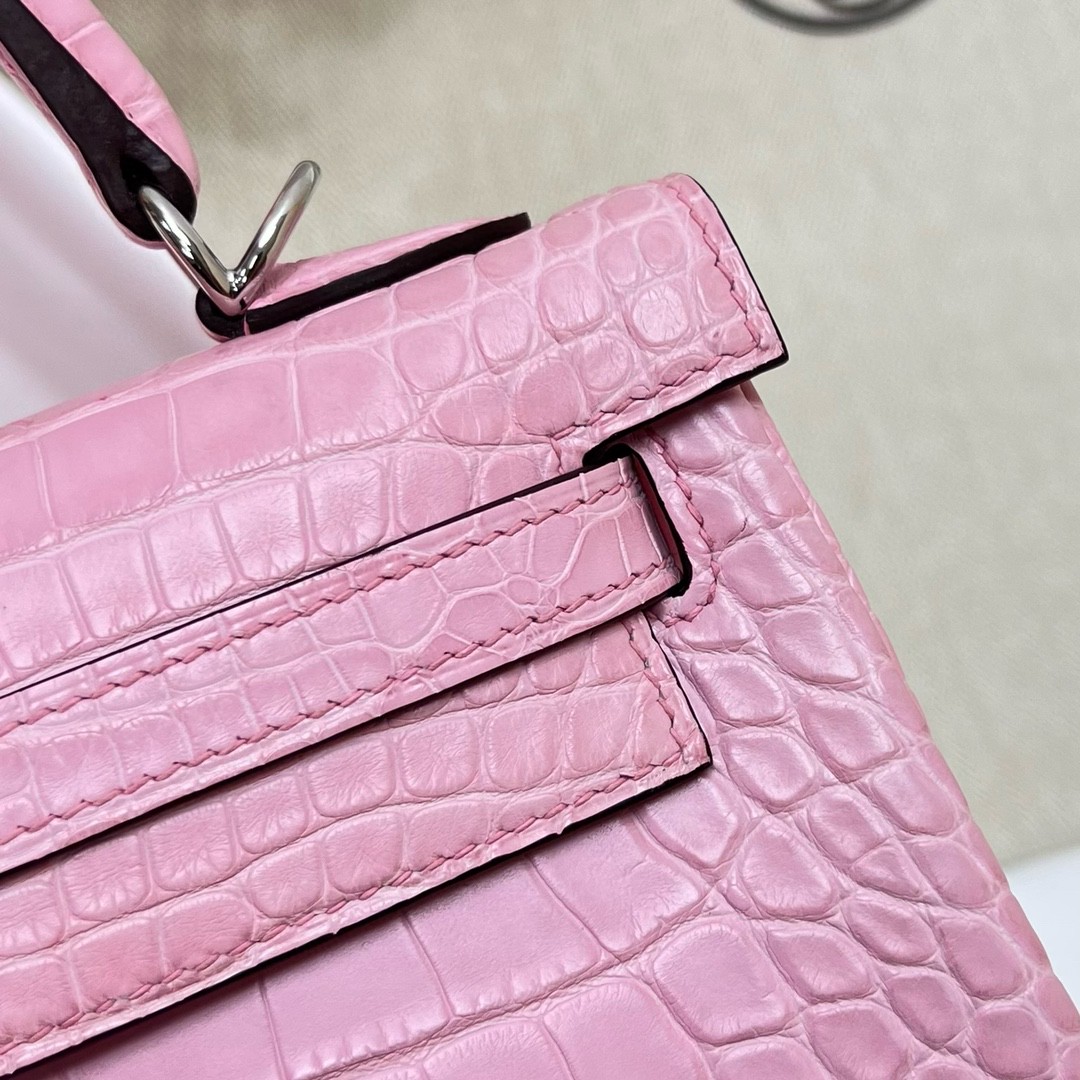 Hermès（爱马仕）Kelly 凯莉包 Alligator matt 雾面美洲鳄鱼皮 5P 樱花粉 银扣 PHW 25cm 顶级手缝