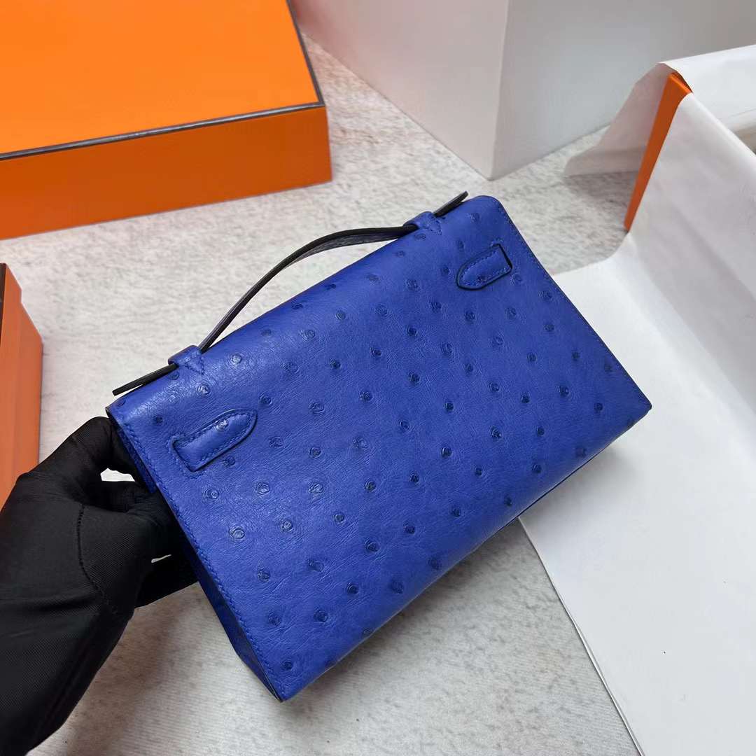 Hermès（爱马仕）Mini Kelly Pochette Ostrich 鸵鸟皮 7T 电光蓝 金扣 22cm 全手工蜡线缝制 Ghw