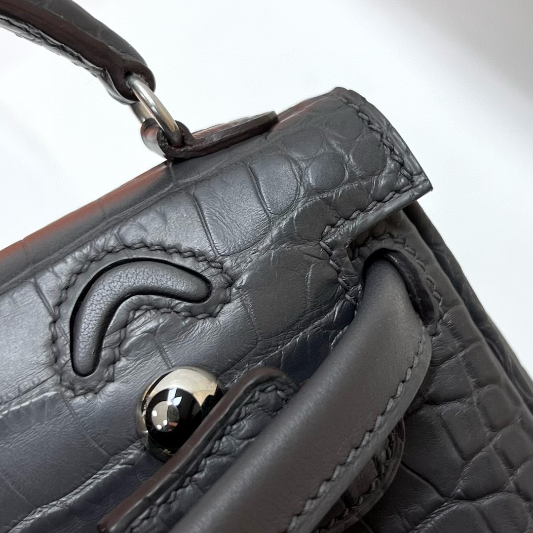 Hermès（爱马仕）Kelly doll Swift 拼 Alligator matt 雾面鳄鱼皮 ck88 石墨灰 Graphite 银扣 Phw 16cm 顶级手缝