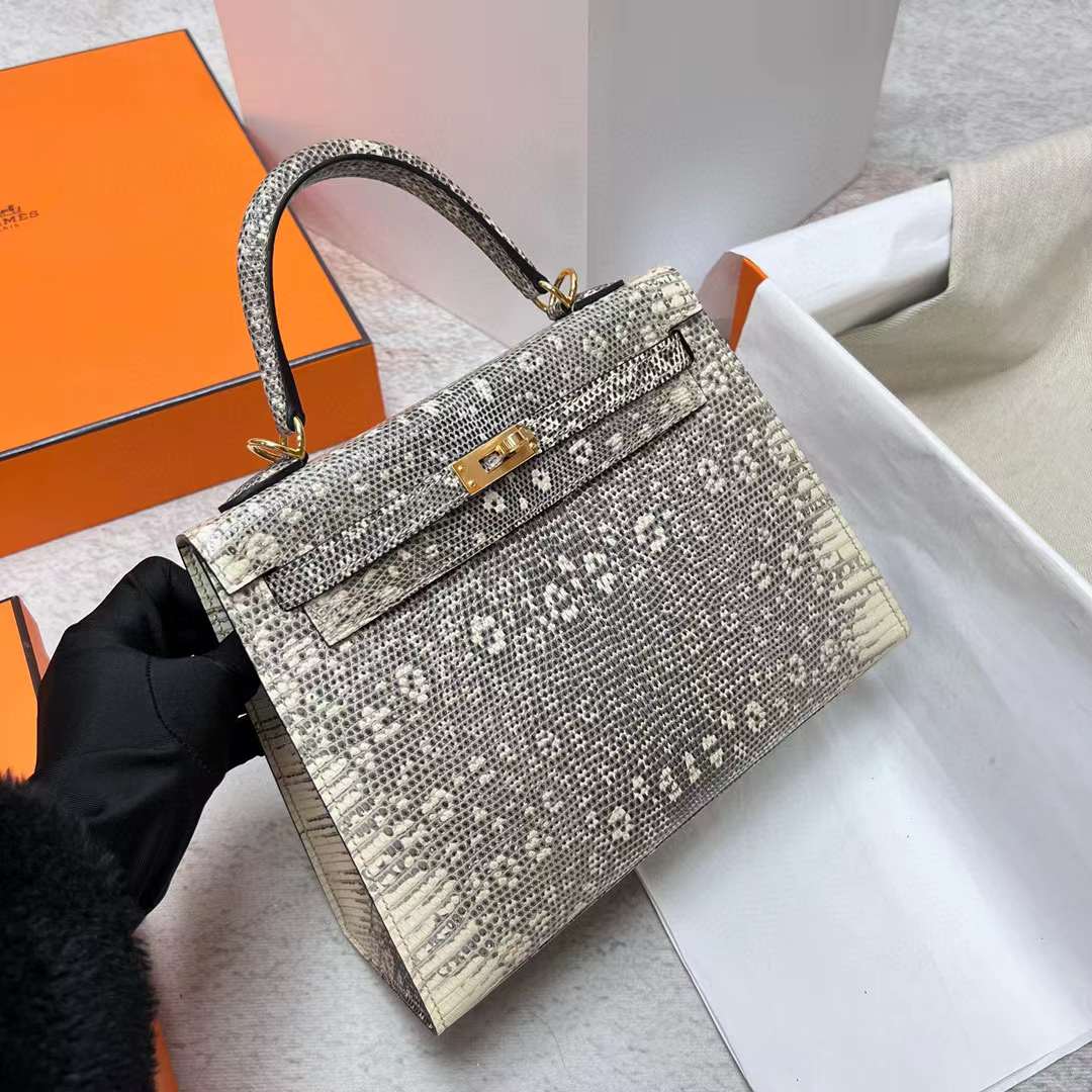 Hermès（爱马仕）Kelly 凯莉包 Lizard 进口蜥蜴皮 01 自然色 雪花色 金扣 25cm 全手工蜡线缝制 Phw