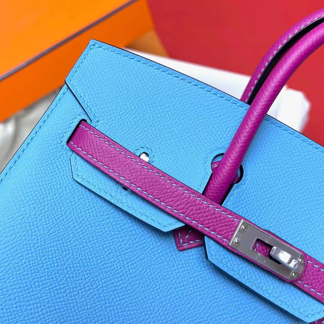 Hermès（爱马仕）Birkin 铂金包 Sellier Epsom P3 北方蓝 拼 L3 玫瑰紫 拉丝银扣 25cm 全手工蜡线缝制 MPhw