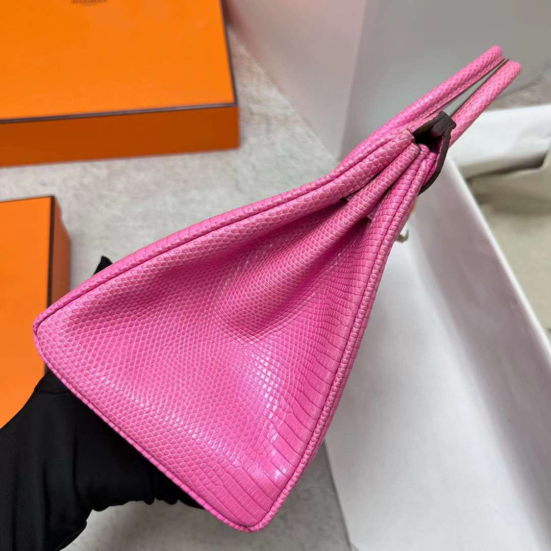 Hermès（爱马仕）Birkin 铂金包 Lizard 进口蜥蜴皮 芭比粉 银扣 25cm 全手工蜡线缝制 Phw