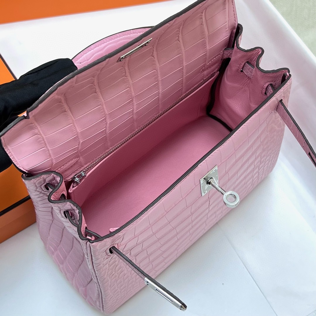 Hermès（爱马仕）Kelly 凯莉包 Alligator matt 雾面美洲鳄鱼皮 5P 樱花粉 银扣 PHW 25cm 顶级手缝