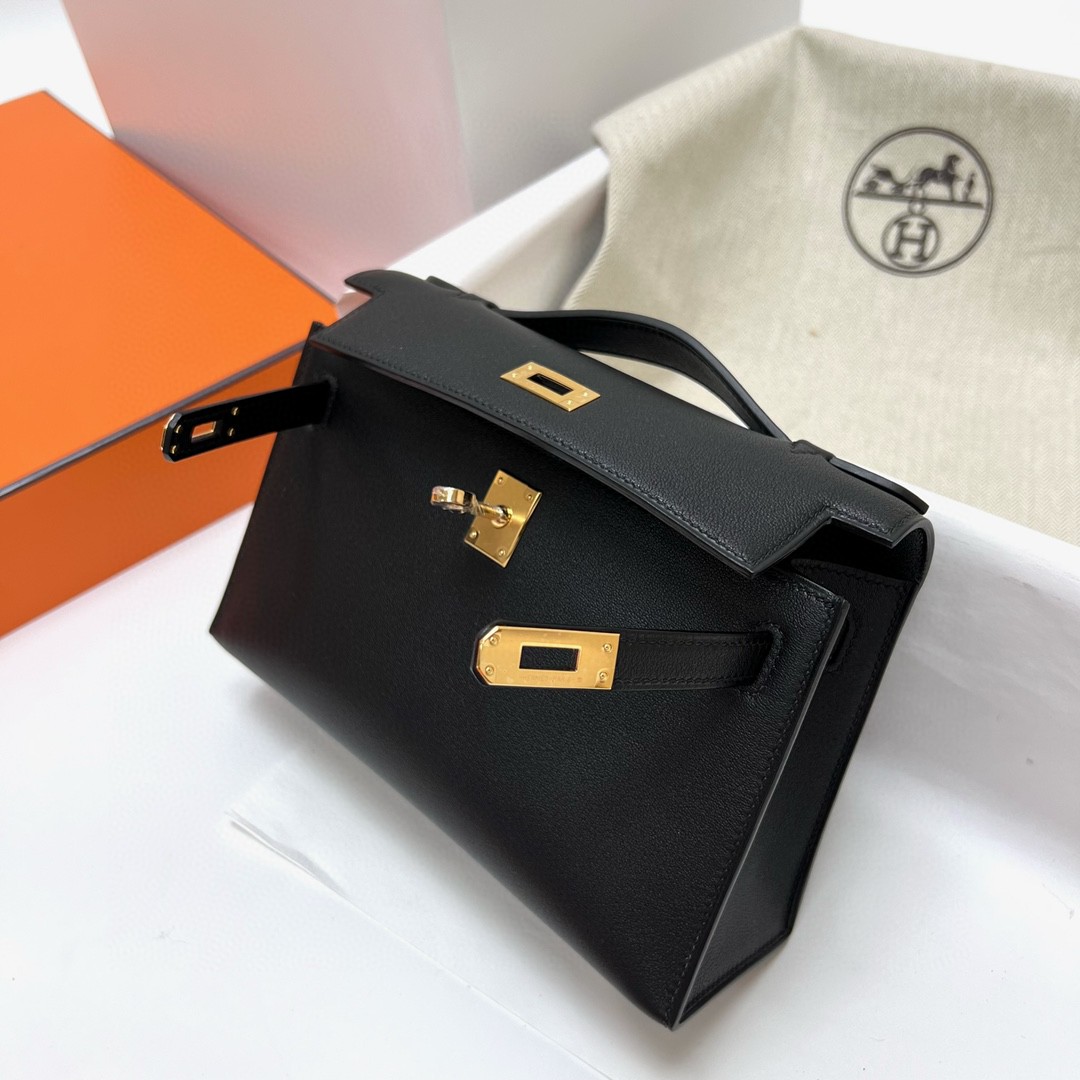 Hermès（爱马仕）Mini Kelly pochette Swift ck89 黑色 Noir 金扣 Ghw 22cm 顶级手缝