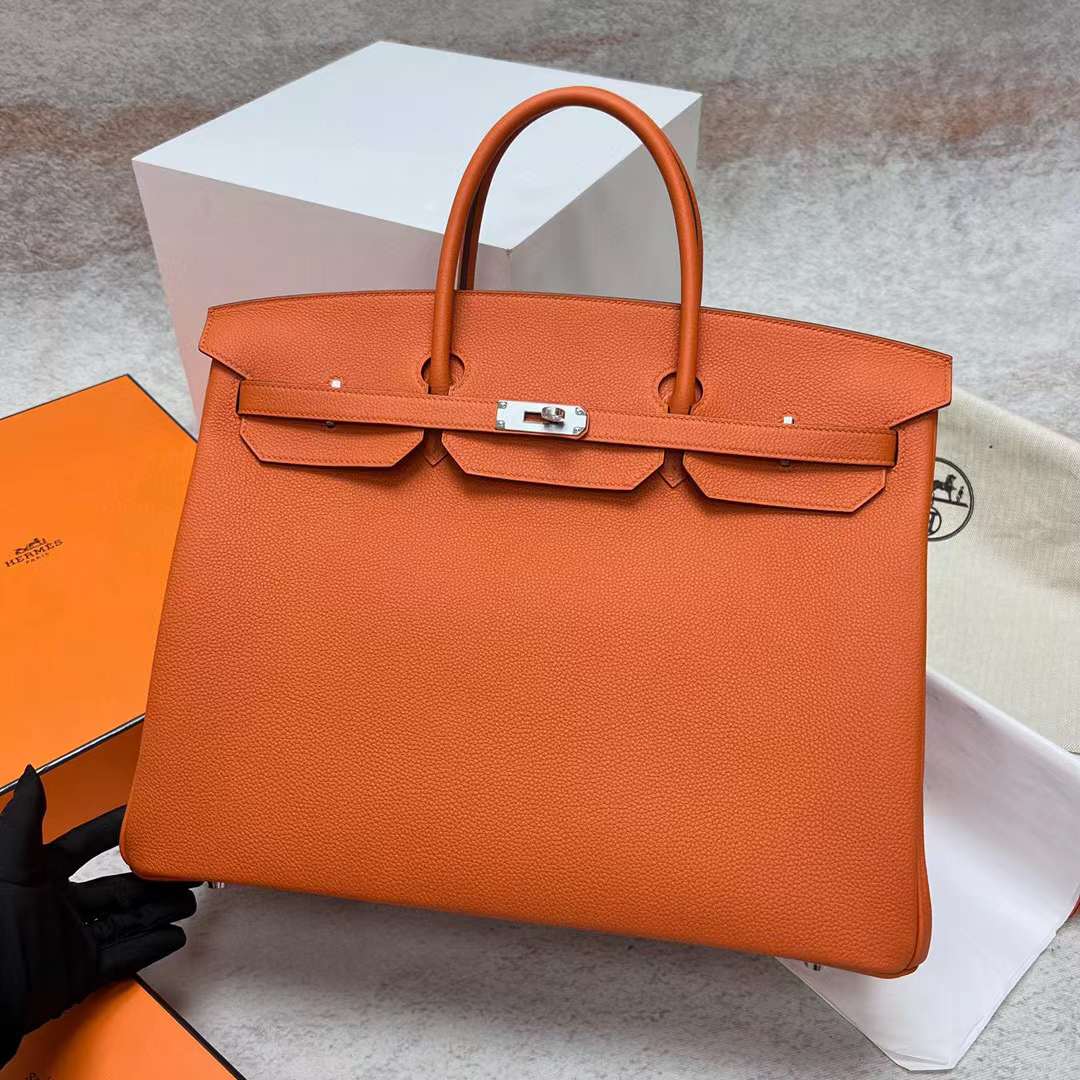 Hermès（爱马仕）Birkin 铂金包 Togo Ck93 橙色 内拼 玫瑰紫 银扣 40cm 全手工蜡线缝制 Phw