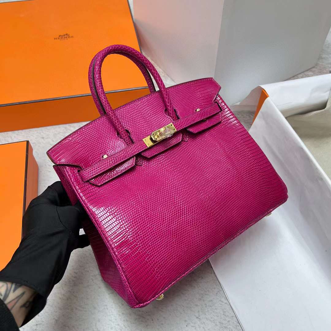Hermès（爱马仕）Birkin 铂金包 Lizard 进口蜥蜴皮 L3 玫瑰紫 金扣 25cm 全手工蜡线缝制 Ghw