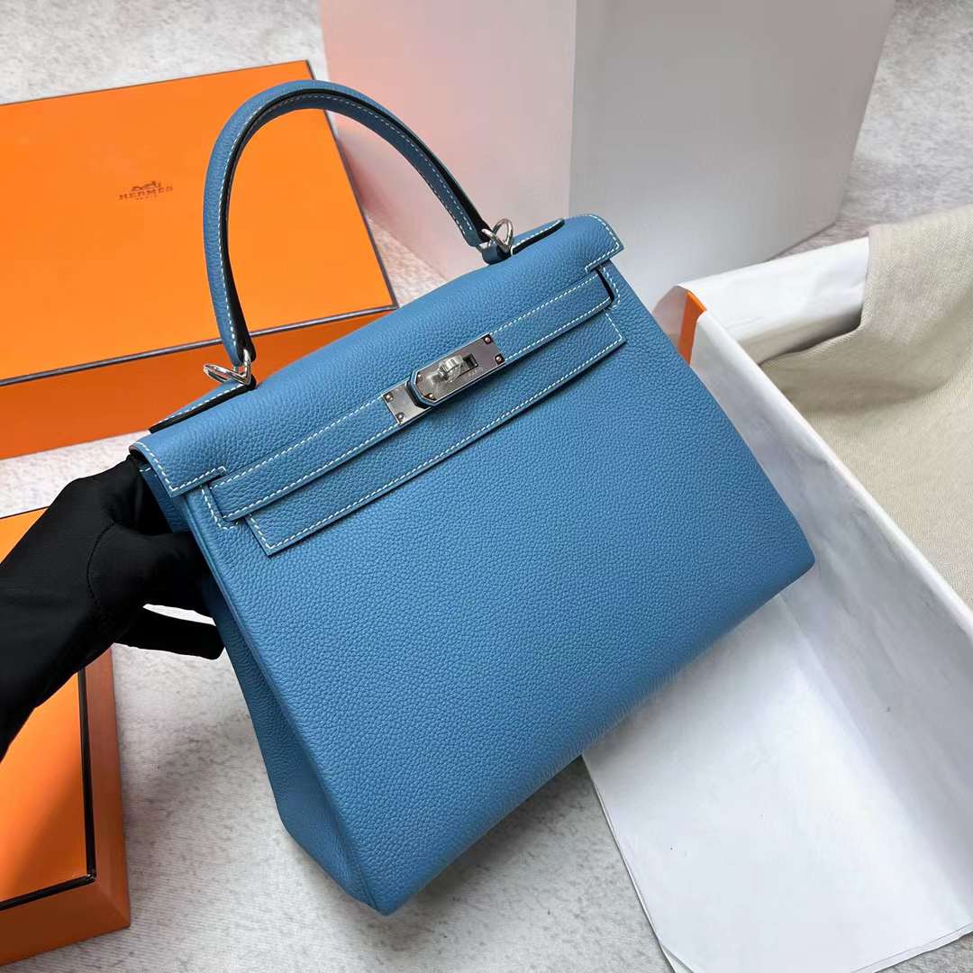 Hermès（爱马仕）Kelly 凯莉包 Togo Ck75 牛仔蓝 银扣 28cm 全手工蜡线缝制 Phw