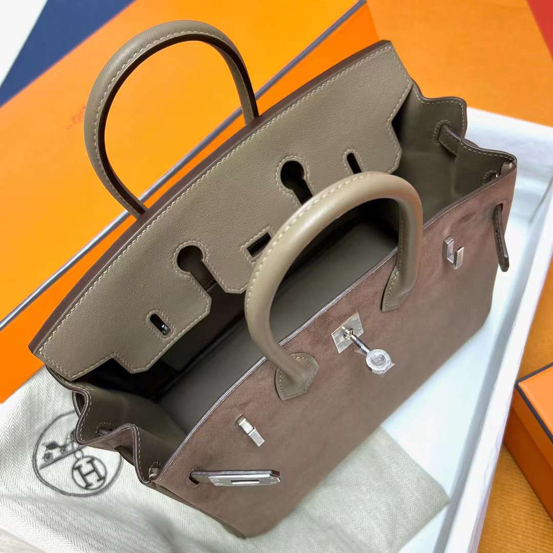 Hermès（爱马仕）Birkin 铂金包 Suede 拼 Swift Ck18 大象灰 银扣 25cm 全手工蜡线缝制 Phw
