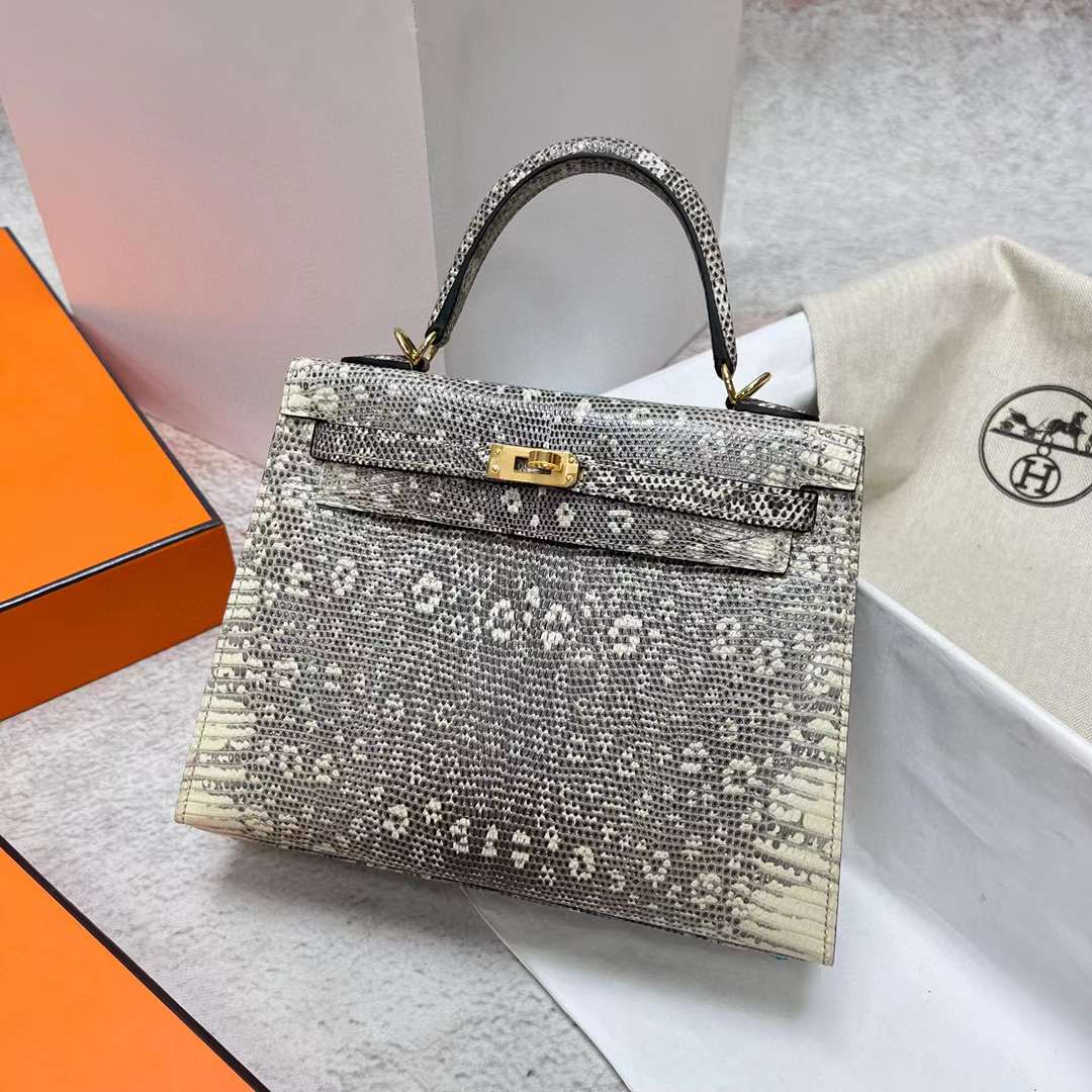 Hermès（爱马仕）Kelly 凯莉包 Lizard 进口蜥蜴皮 01 自然色 雪花色 金扣 25cm 全手工蜡线缝制 Phw