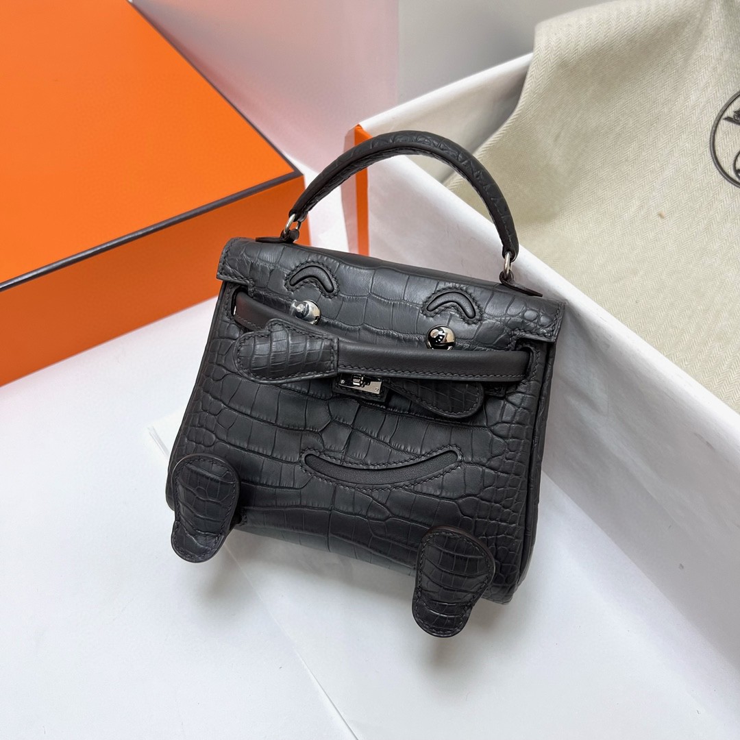 Hermès（爱马仕）Kelly doll Swift 拼 Alligator matt 雾面鳄鱼皮 ck88 石墨灰 Graphite 银扣 Phw 16cm 顶级手缝